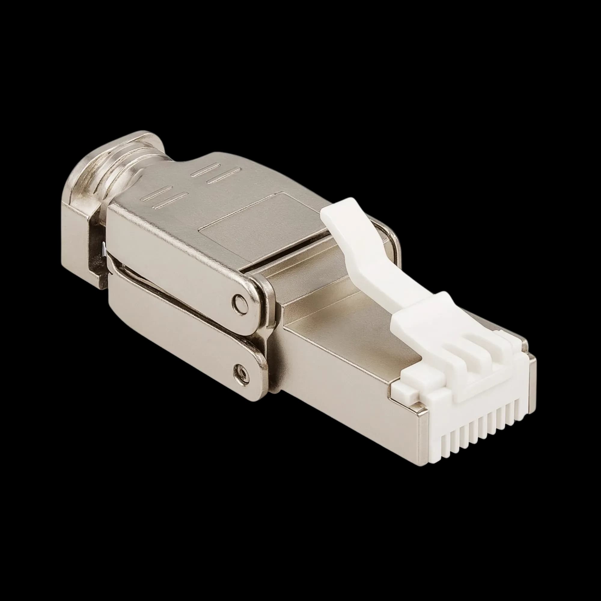 Cat6A FTP Modular Connector – Shielded, RJ45, tool-less/punch-down.